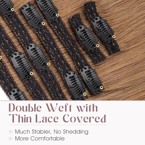 Elailite Clip in Hair Extensions Real Human Hair, Remy Hairpieces for Women, 7PCS Lace Weft Full Head, 22 Inch 130g Light Brown
