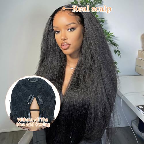 V Part Human Hair Wig Kinky Straight V Part Wig Human Hair for Black Women 24 Inch Glueless Yaki Straight Wigs Clip Upgrade Natural Beginner Friendly Middle Part 200% Density