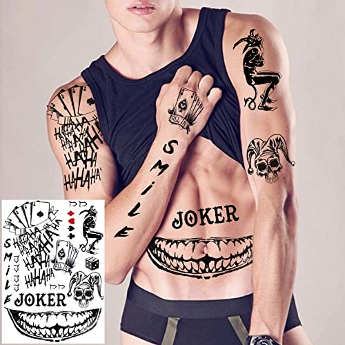 COKTAK 6 Sheets Joker Temporary Tattoos For Men Women Kids Halloween Makeup Kit Cosplay Costume, 3D Halloween Face Tattoos Prison Prisoner Inmate Gothic Rapper, Fake Clown Joker Tattoos Stickers