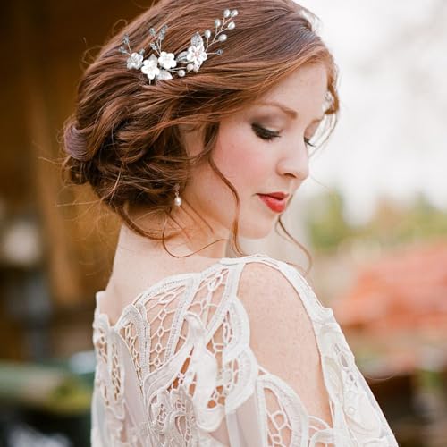 6 Pcs Flower Bridal Wedding Hair Pins Flower Rhinestone Pearl Hair Piece for Women Crystal Hair Accessories for Bride Bridesmaids Flower Girls(Silver)