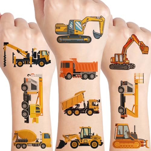 Cars and Trucks Temporary Tattoo for kids - 10 Sheets Cars Construction Tractor Temporary for Girls Boy Body Arm Shoulder Cute Tattoos Stickers, Birthday Party Supplies Gifts for Kids