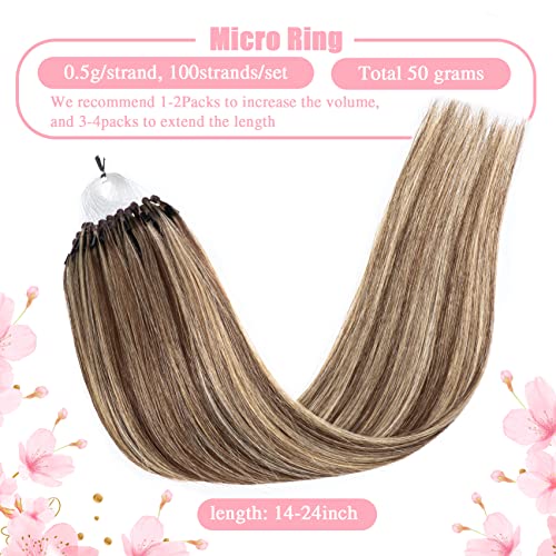 Senmy Micro Link Hair Extensions Human Hair Brown with Blonde Highlight 18inch Micro Beads Human Hair Extensions 0.5g/strand 50g/pack Micro Loop Extensions Human Hair Invisible Beaded Hair Extensions
