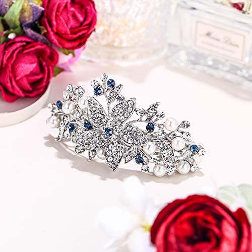 EVER FAITH Austrian Crystal Bridal Hibiscus Cream Simulated Pearl Hair Clip Barrette Blue Silver-Tone