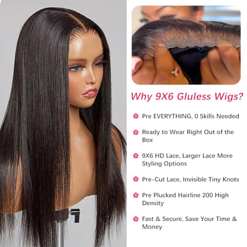 9x6 Wear and Go Glueless Wigs Human Hair Pre Plucked Pre Cut Straight Lace Front Wigs Human Hair Bleached Knots 200% Density Brazilian Virgin Human Hair Glueless Wig 22 inch