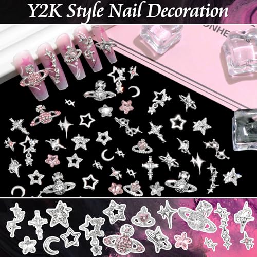 RODAKY 128PCS Silver Nail Charms Cross Star Charms for Nails 3D Saturn Planet Nail Jewelry Pink Nail Rhinestone Gems Mixed Style Y2K Nail Decoration Manicure Design Nail Accessories
