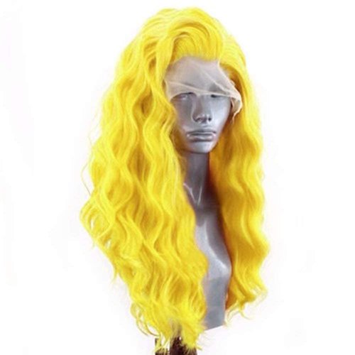 RONGDUOYI RDY Lemon Yellow Fashion Lace Front Wigs for Women Pre Plucked Body Wave Synthetic Wig with Free Part Natural Hairline Wig Cosplay Party Makeup Wigs 24Inches