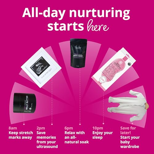 Bump Boxes 2nd Trimester Gift Set, Complete Pregnancy Care Package with Belly Butter, Bath Soak, Baby Footed Sleeper, Sonogram Frame and Eye Mask