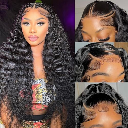 XVE 30 Inch Deep Wave Lace Front Wig Human Hair 13x4 Lace Front Wigs Human Hair Pre Plucked 200% Density Transparent Lace Frontal Curly Wigs For Women Glueless Wig Natural Black