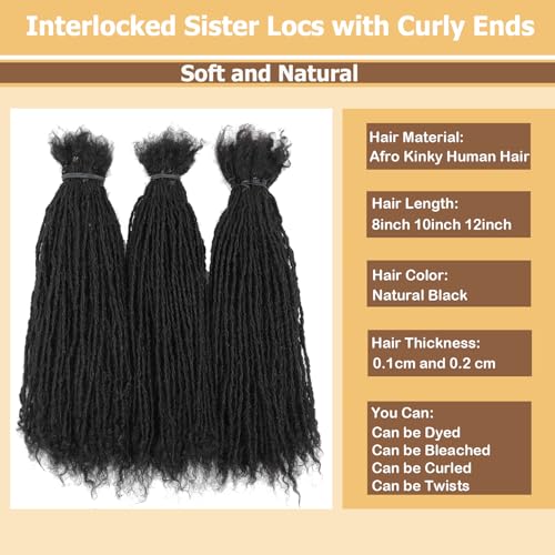 8-12 Inch Sister locs Human Hair Handmade Interlock Locs Curly Tips Sister Locs Real Human Hair Microlocs Extensions Permanent Dreadlock Extensions Natural Soft Looking (0.2cm,10 Inch-100 Strands)