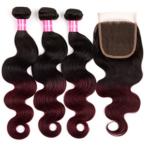 Ombre Brazilian Body Wave Human Hair Bundles With Closure Body Wave 3 Bundles with 4x4 Free Part Lace Closure 2 Tone Black to Burgundy Color Human Hair Extensions(T1B/99J, 18 20 22+14)