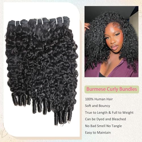 Burmese Curly Bundles Human Hair Water Wave Human Hair 100% Unprocessed Brazilian Virgin Remy Hair Bundles Quick Weave for Women Natural Black (Burmese Curly Natural Black, 16 18 20 Inch)
