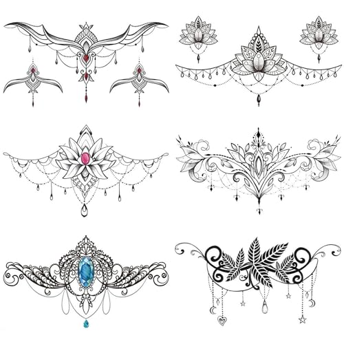 GLARYYEARS Underboob Chest Temporary Tattoos for Women Girls, 6-pack Black Fake Realistic Large Long Lasting Creative Removable Tattoo Stickers, Sexy Floral Leaf Jewelry Tramp Stamp Sketch on Body