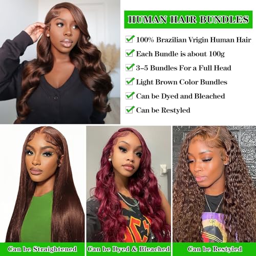 Kapelli Hair Brazilian Body Wave Bundles with Closure (18 20 22+16) 10A Light Brown Body Wave Human Hair Bundles with Lace Closure Brazilian Virgin Hair 3 Bundles with Lace Closure with Baby Hair