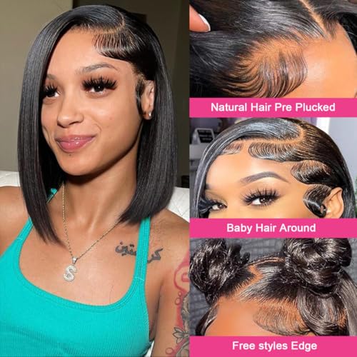 Bob Wigs Human Hair 13x4 HD Lace Front Bob Wig Human Hair Short Straight Frontal Glueless Bob Wigs for Black Women Human Hair Pre Plucked with Baby Hair Side Part 180% Density 12 Inch D