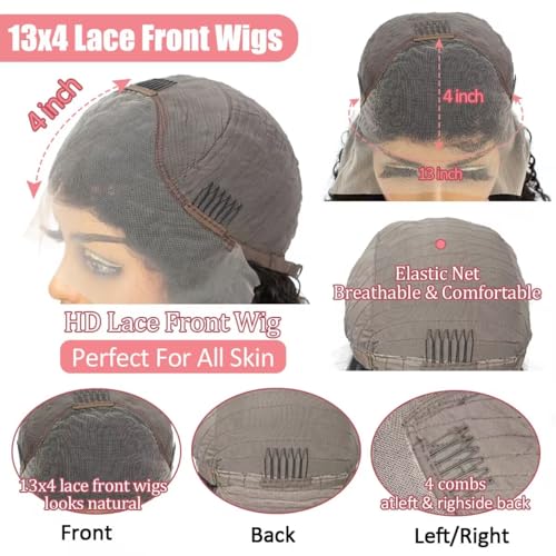 13x4 Deep Wave Lace Front Wigs Human Hair 180% Density Deep Curly Wigs for Women Brazilian Wig HD Transparent Lace Human Hair with Baby Hair Glueless Wig Natural Black 30 Inch