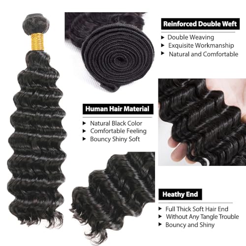 Single Human Hair Bundle 22 Inch Color 1B Deep Wave Bundles Peruvian 8A Virgin Remy Hair Extensions Double Weft Real Natural Black Deep Wave Hair Weave