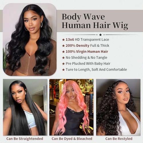 30 Inch Body Wave Lace Front Wigs Human Hair 13x6 HD Lace Frontal Wigs Human Hair Pre Plucked 200% Density Glueless Wig For Women Natural Color