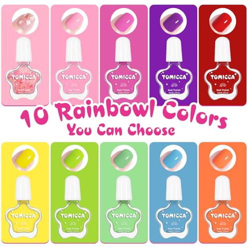 TOMICCA Kids Nail Polish - Quick Dry Non-Toxic Nail Polish Set 10 Colors, Peel Off Water Based Rainbow Nail Polish, Kids Natural Safe Nail Polish for Toddler Teen DIY Nail Art