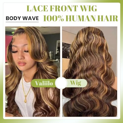 Ombre Lace Front Wigs Human Hair 13x4 Highlight 4/27 Body Wave Wig Pre Plucked Honey Brown Blonde Wig Human Hair with Free Part 180% Density Glueless Colored Wig for Women 32 Inch