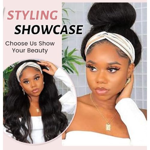 YAKI Body Wave Headband Wig Loose Curly Heabdand Wigs Glueless Synthetic Hair Natural Black Wigs for Black Women None Lace Front Wigs Headband Wigs 150% Density (Short)