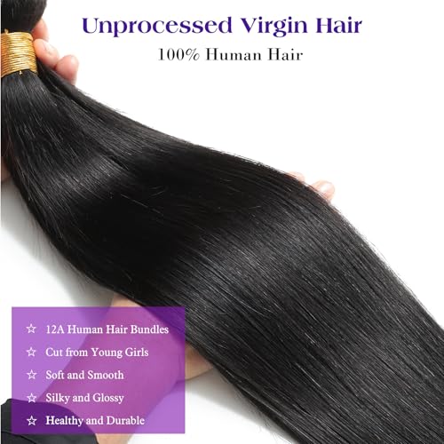 Raw Human Hair Bundles Straight Weave Bundles Human Hair 24 26 28 Inch Long Straight Virgin Hair Soft Silky Glossy Brazilian Remy Bundle Weft Human Hair Extensions