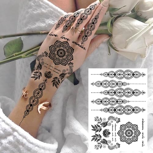 Vintage India Sexy Hands Temporary Tattoos For Women Finger Girls Adults, 4 Sheets Bohemia Lace Black Lotus Mandala Flower Fake Jewels Tattoo Sticker Kits Stencils, Party Favor Supplies Decoration