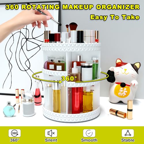 360 Rotating Makeup Organizer, DIY Adjustable Makeup Carousel Spinning Holder Storage Rack, Large Capacity Vanity Organizer Skincare Organizers (White)