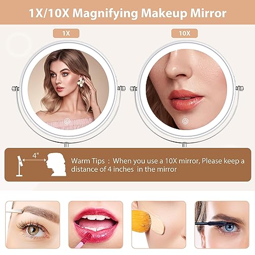 8" Lighted Makeup Mirror with Adjustable Height, 1X/10X Magnification, Rechargeable LED Vanity Mirror with 3 Color Modes, 360¡Æ Rotating Touch Screen, Magnifying Tabletop Cosmetic Mirror