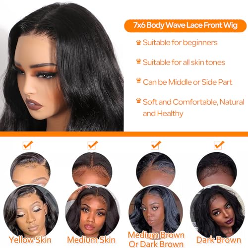 CHEETAHBEAUTY 7x6 Glueless Wigs Human Hair Pre Plucked Pre Cut 16 Inch Body Wave Lace Front Wigs Human Hair for Women 7x6 HD Lace Closure Wigs with Elastic Drawstring 200% Density Natural Color