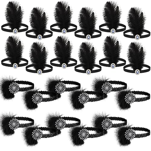 Ceenna 24 Pcs 1920s Flapper Headbands Roaring 20s Black Feather Headpiece for Women 1920s Hair Feather Accessories Birthday Party Hair Costume Decorations