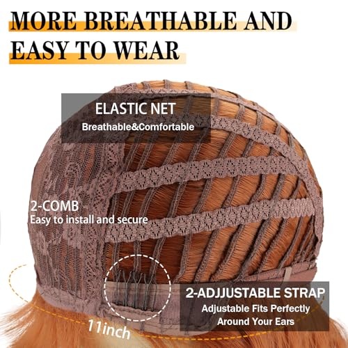 Xinran Orange Wavy Wig With Bangs Long Ginger Wavy Wigs for Women 18 Inch Medium Length Synthetic Heat Resistant Wig for Daily Cosplay Party Use