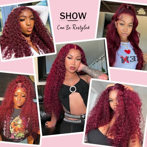 30 Inch Burgundy Wig Human Hair 99j Curly Human Hair Wig 13x6 Deep Wave Lace Front Wigs Human Hair Red Wine Transparent HD Lace Frontal Wig Pre Plucked Curly Human Hair Wig Triple Lifespan