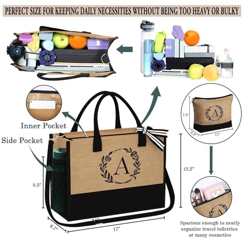 YOOLIFE Personalized Gifts for Women - Initial Jute Tote Bag & Makeup Bag, Birthday Gifts for Women Mom Wife Teacher Friend