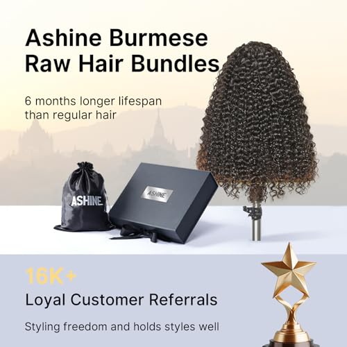 ASHINE Hair Bundles Unprocessed Burmese Raw Human Hair, 50% Less Shedding and Tangling Than Regular, 3 Bundles Deep Curly 14 16 18 Inch Natural Black