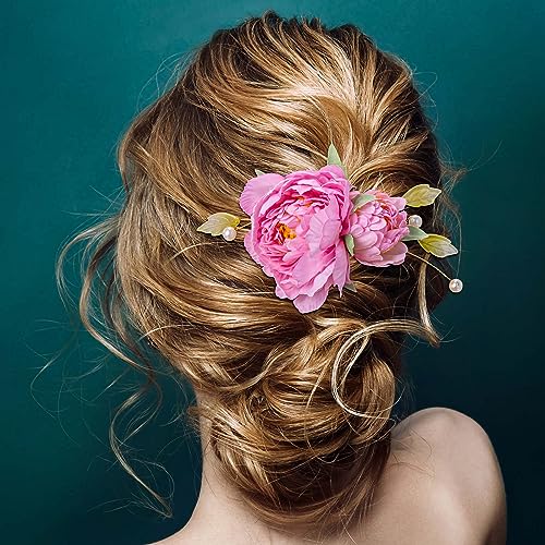 2pcs Silk Flower Hair Clips for Women, 2 in 1 Flower Brooch, Pearl Floral Hair Pins Barrettes for Women Girls Brides Party Wedding Decor Hair Buns Updo Holder Accessories- Pink & Light Pink