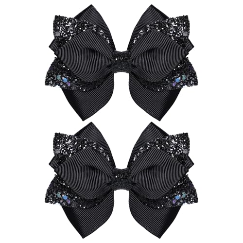 2pc Glitter Black Ribbon Hair Bow Clips 4inch Shiny Alligator Barrettes Pins for Teens Girls Kids Women Graduation Halloween Dress up Party Costume outfit Decor Accessory