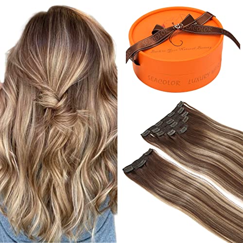SEACOLOR Stock Clearance Special: Grab Your 20 Inch, 150g Balayage Chocolate Brown Mixed with Caramel Blonde Remy Clip-In Hair Extensions, 100% real Human Hair #T4/27/4 Chocolate Brown Highlight