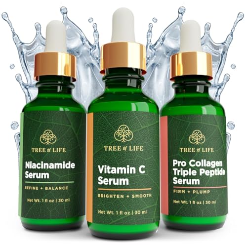 Tree of Life Beauty Skin Care Set, Brightening, Firming, Dry Face, Dermatologist Tested - Complete Hydration Trio, Vitamin C Serum, Niacinamide, Pro Collagen Peptide, 3 count of 1Fl oz