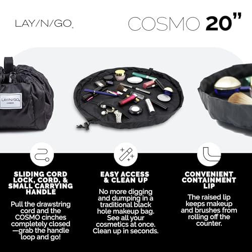 Lay-n-Go Cosmo Drawstring Cosmetic & Makeup Bag Organizer - Portable Drawstring Makeup Bag w/Zipper Pocket, Makeup Loops & More - Durable, Machine Washable Toiletry Bag (20", Comfort/White)