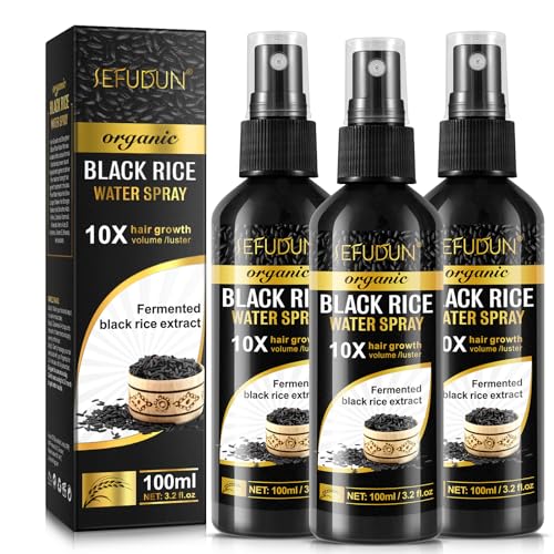 (3Pc) Organic Black Rice Water Spray for Hair Growth, A Solution with Castor Oil & Ginger Root Extract for Thicker, Fuller Hair, Targets Hair Loss and Repairs Damage 300ml/9.6 fl.oz