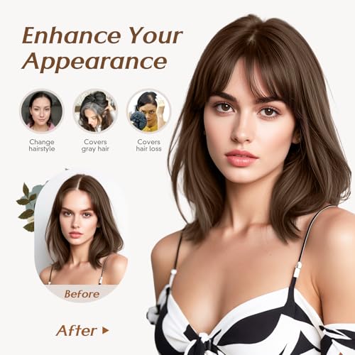Rich Choices Real Human Hair Toppers for Women 3D Cover Clip in Bangs 100% Remy Human Clip in Silk Base Hair Topper with Bang for Thinning 150% Density 14 Inch #2R Chocolate Brown