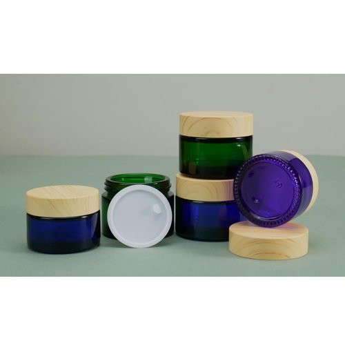 4Pack 50g Green Glass Cosmetic Cream Jars, Empty Sample Jars Containers Pot with Wood Grain Lids for Lotion, Lip Balm, Eye Cream, Scrubs, Oils, Salves, Ointments
