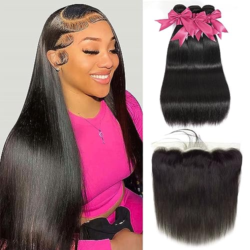 12A Straight Bundles with Frontal Human Hair 22 24 26 with 20 Inch Brazilian Human Hair Bundles with Closure 100% Unprocessed Virgin Hair Weave Bundles with 13x4 HD Lace Frontal