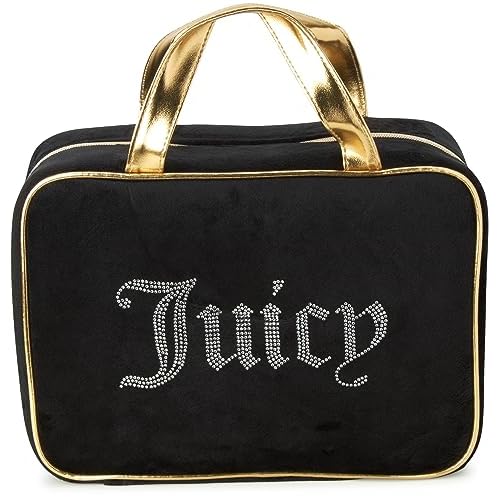 Juicy Couture Black Makeup Bag Cosmetics Organizer Travel Essentials Weekender Velour Rhinestone Gold Trim