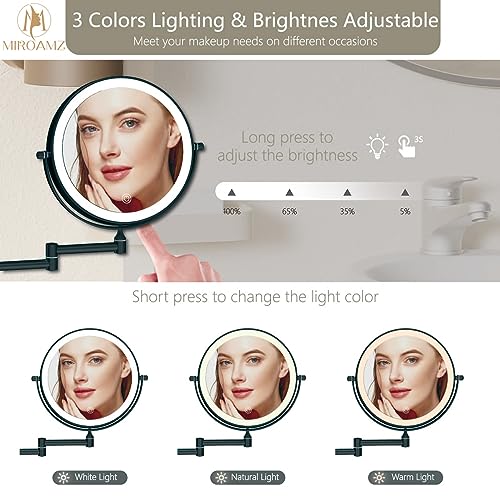 Rechargeable Wall Mounted Lighted Makeup Vanity Mirror 8 Inch Double Sided 1X 10X Magnifying Bathroom Mirror, 3 Color Lighting, Touch Screen Dimming, 360 Rotation Shaving Matte Black