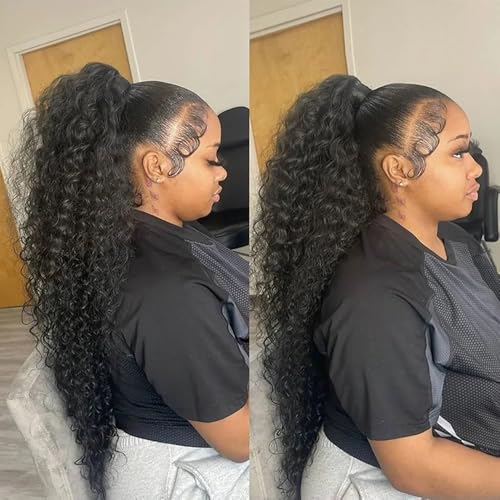Caijuxing Water Wave 360 Glueless Lace Front Wigs Human Hair Invisi Strap HD Full Lace Front Wigs Human Hair Pre Plucked with Drawstring 180 Density Curly Wig (360-Water Wave Wig, 18 Inch)