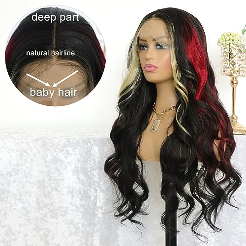 Highlight Red Skunk Stripe Blonde Synthetic Lace Front Wig Glueless Long Wavy Colored Mixed Red Black 13x4 Lace Front Wigs for Women Pre Plucked with Baby Hair 24 Inches 150 Density