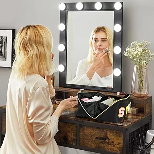 Stoney Clover Dupes Preppy Makeup Bag Black Stoney Clover Stuff Bag for Travel Chenille Letter Bag Large Capacity Travel Cosmetic Bag Nylon Pouch