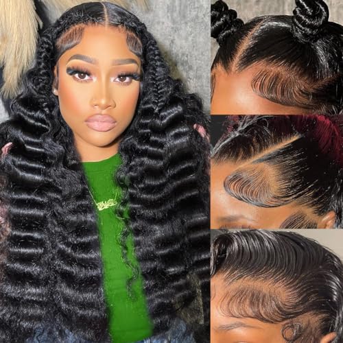 13x6 Deep Wave Lace Front Wigs Human Hair Pre Plucked Deep Curly HD Lace Frontal Wigs Human Hair 180 Density Lace Frontal Wigs for Women Glueless Wigs 26 Inch