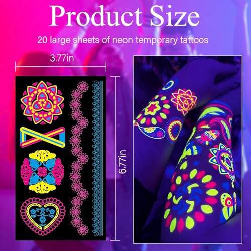 Temporary Tattoos 170 PCS Glow in The Dark Tattoos that React to Neon UV Black Light, Tattoos for Kids Teens and Adult, Neon Glow Party Decorations, Glow in The Dark Party Supplies, Glow Party Favors
